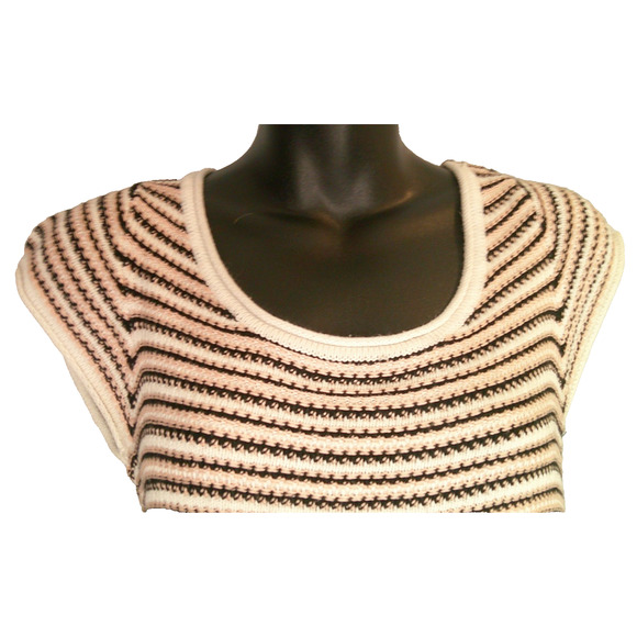 Soho Jeans NY & Co Pink, Black White Striped, Short Sleeve S Knit Sweater Fringe - Picture 4 of 6